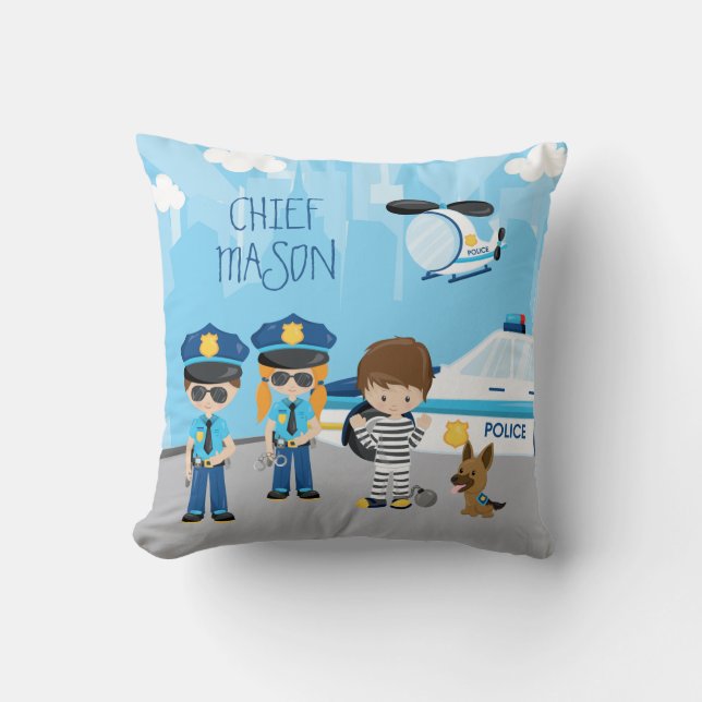 Cute Little Kid Cartoon Policeman with First Name Throw Pillow (Front)