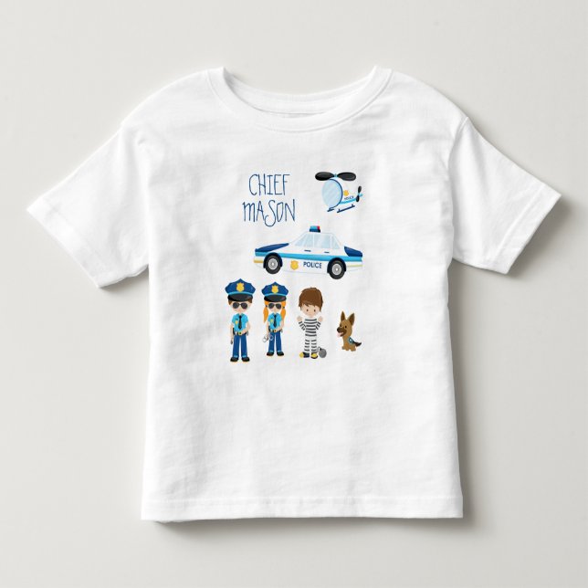 Cute Little Kid Cartoon Policeman with First Name Toddler T-shirt (Front)