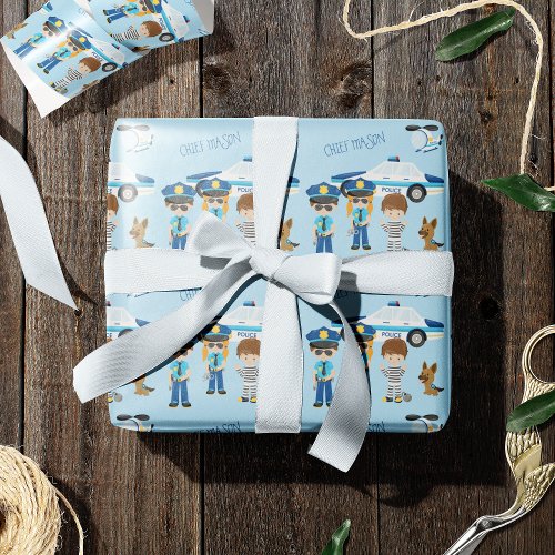 Cute Little Kid Cartoon Policeman with Name Blue Wrapping Paper
