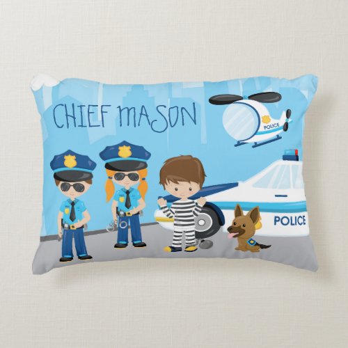 Cute Little Kids Cartoon Policeman with First Name Accent Pillow