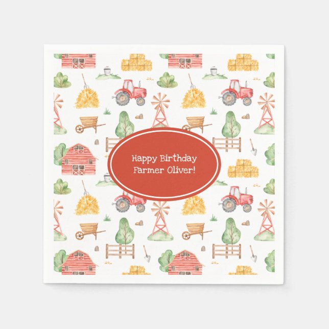 Cute Little Kids Farmer Pattern Happy Birthday Napkins (Front)