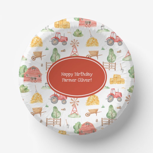 Cute Little Kids Farmer Pattern Happy Birthday Paper Bowls (Front)
