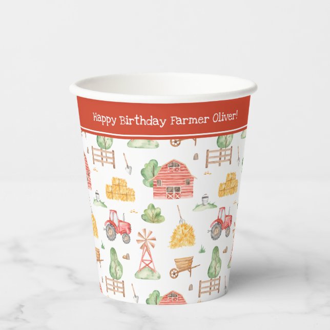 Cute Little Kids Farmer Pattern Happy Birthday Paper Cups (Front)