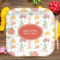 Cute Little Kids Farmer Pattern Happy Birthday Paper Plates