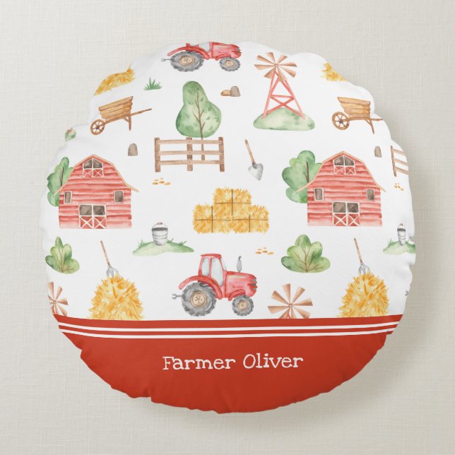 Cute Little Kids Farmer Pattern with First Name Round Pillow (Front)