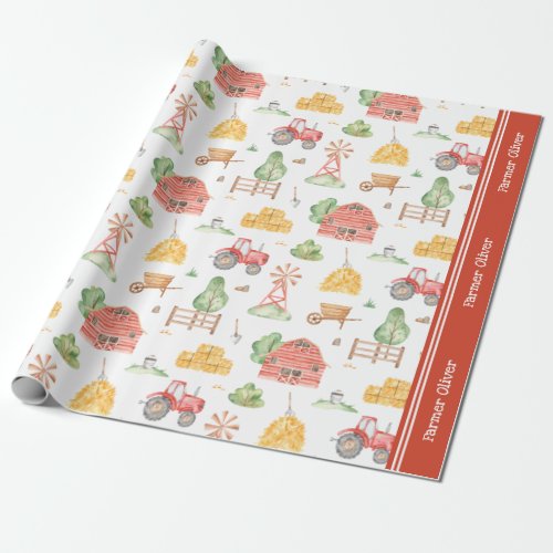 Cute Little Kids Farmer Pattern with First Name Wrapping Paper