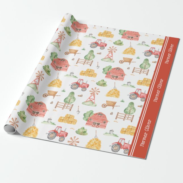 Cute Little Kids Farmer Pattern with First Name Wrapping Paper (Unrolled)