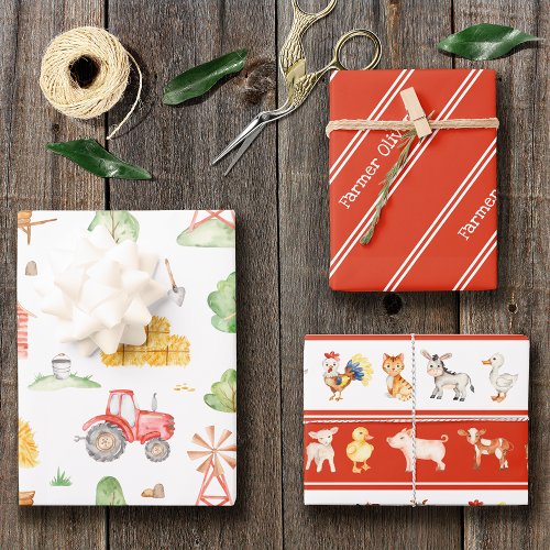 Cute Little Kids Farmer Pattern with First Name Wrapping Paper Sheets