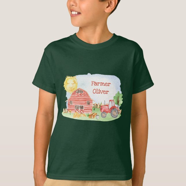 Cute Little Kids Farmer with First Name Boy T-Shirt (Front)