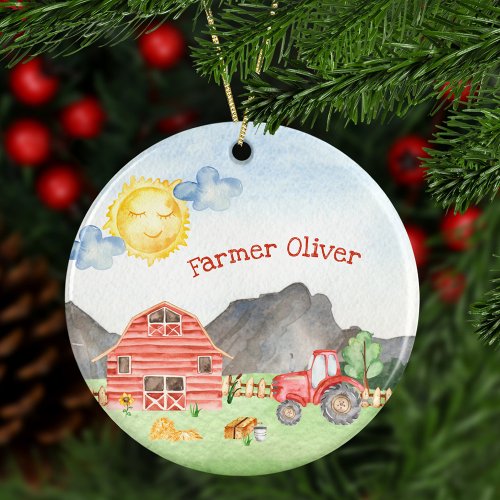 Cute Little Kids Farmer with First Name Christmas Ceramic Ornament