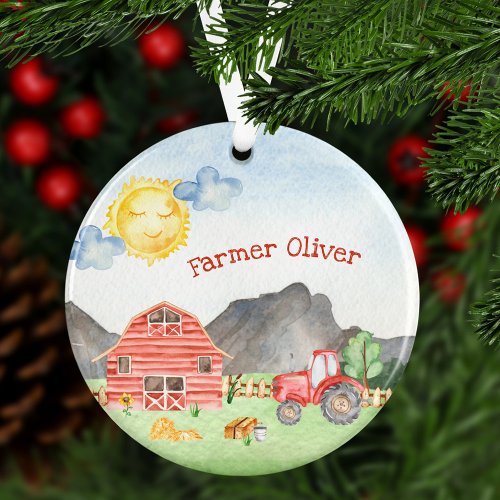 Cute Little Kids Farmer with First Name Christmas Ornament