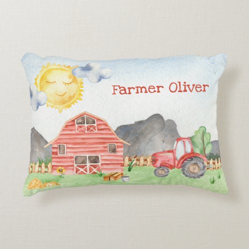 Cute Little Kids Farmer with First Name Watercolor Accent Pillow