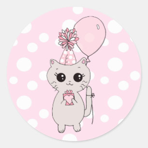 Cute Little Kitten holding Birthday Gift Balloon Classic Round Sticker