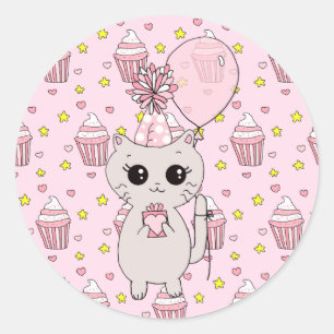 Cute Little Kitten holding Birthday Gift Balloon Classic Round Sticker