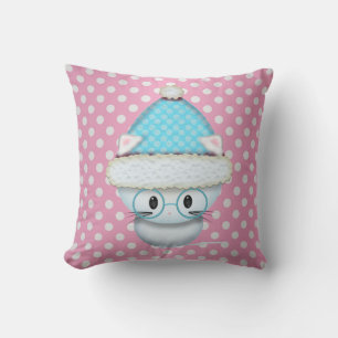 Cute Little Kitten in Winter Hat Polka Dot Throw Pillow