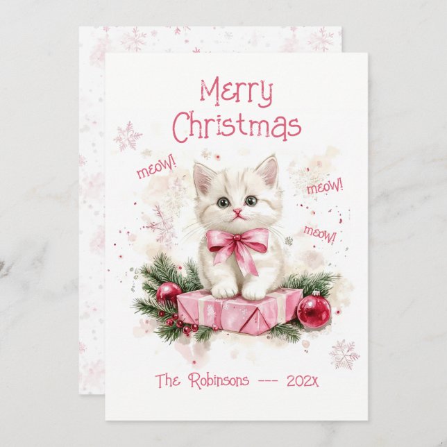 Cute Little Kitten Pink Christmas Card (Front/Back)