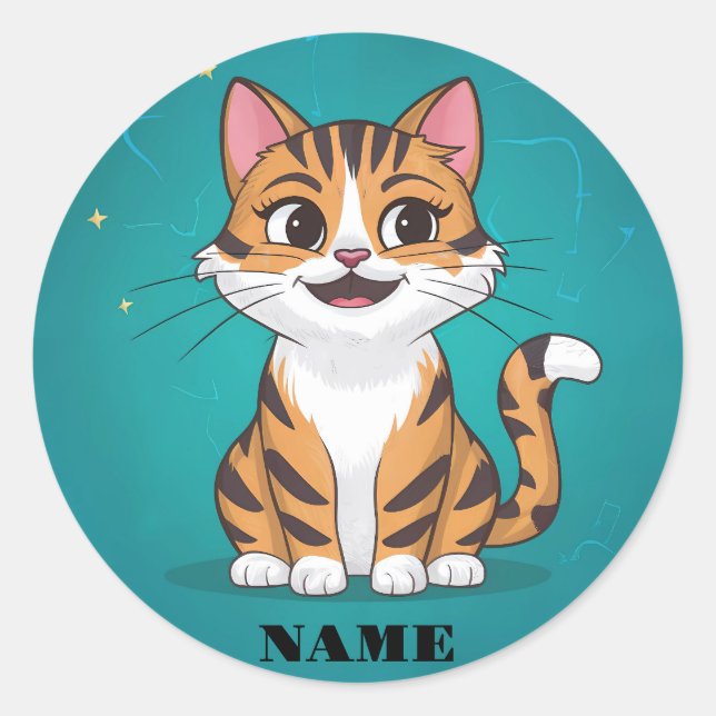 Cute little kitten sitting with a blue background classic round sticker (Front)
