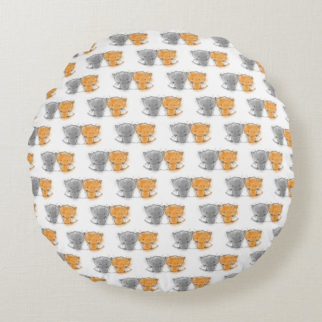 Cute Little Kittens Illustration Orange and Grey Round Pillow (Front)