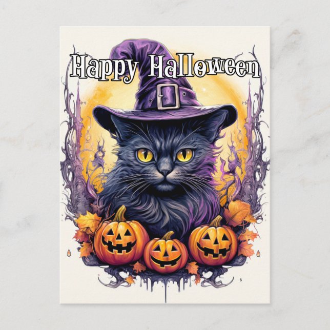 Cute Little Kitty Cat Witch | Halloween Postcard (Front)