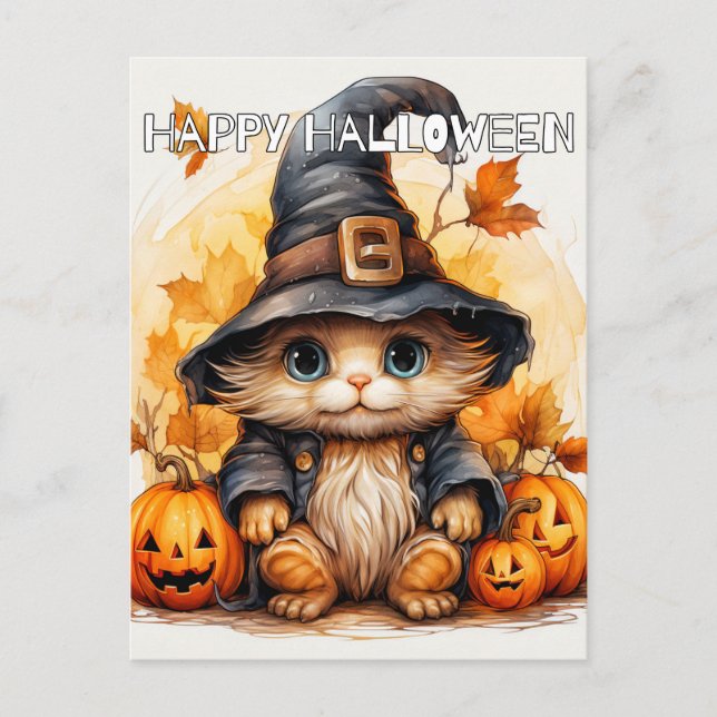 Cute Little Kitty Cat Witch Postcard (Front)
