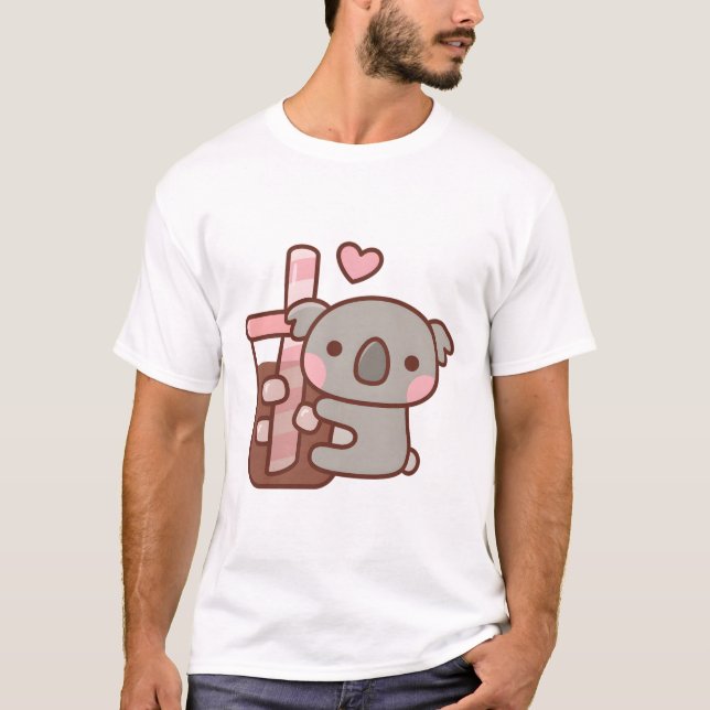 Cute Little Koala Bear Hugging Iced Coffee T-Shirt (Front)