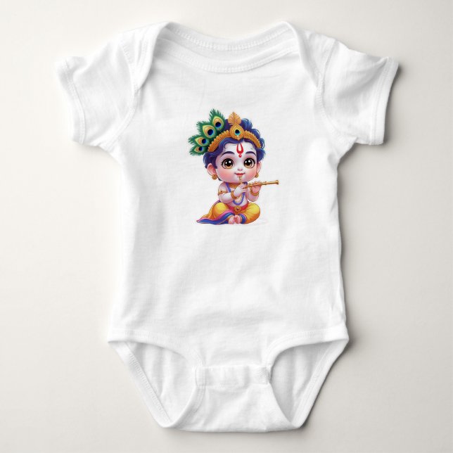 Cute Little Krishna Baby Art Outfit – Hindu God Baby Bodysuit (Front)