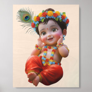 Cute Little Krishna Traditional Indian Art Poster Wood Photo Tile