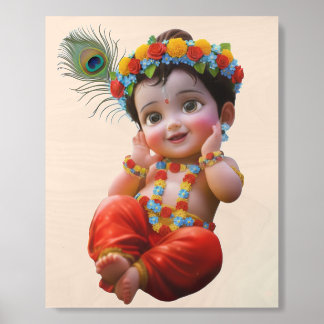 Cute Little Krishna Traditional Indian Art Poster Wood Photo Tile