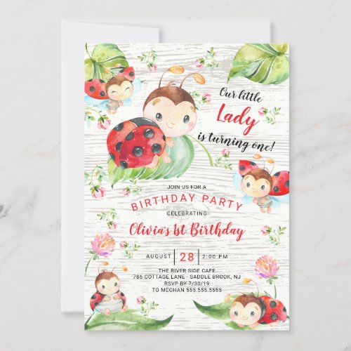 Cute Little Lady Ladybug 1st Birthday Invitation