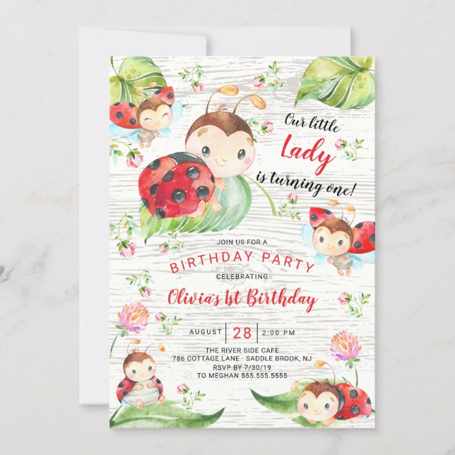 Cute Little Lady Ladybug 1st Birthday Invitation (Front)