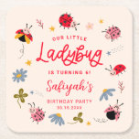 Cute Little Ladybug Birthday Party Square Paper Coaster<br><div class="desc">Cute ladybug theme birthday party coaster featuring illustration of ladybugs with wildflower. The text says "our little ladybug is turning X."</div>