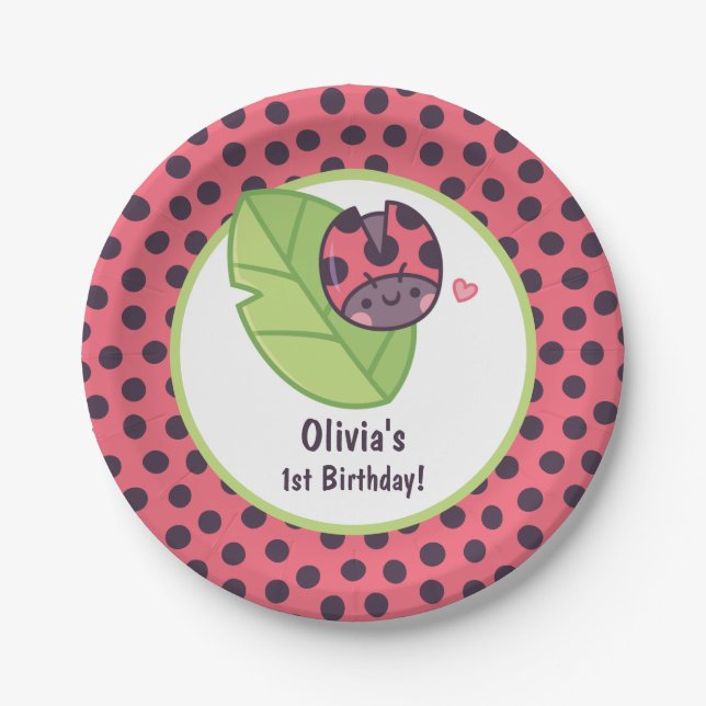 Cute Little Ladybug Doodle Girls Birthday Party Paper Plates (Front)