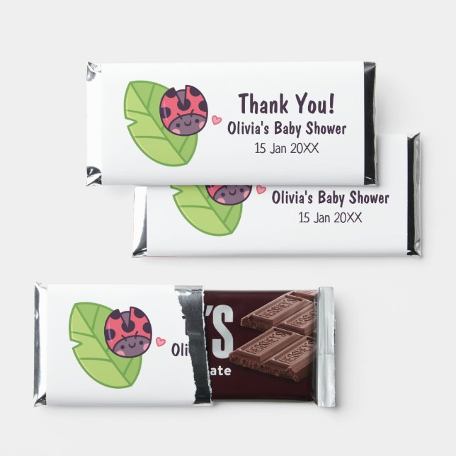Cute Little Ladybug On Leaf Baby Shower Favor Hershey Bar Favors (Front)