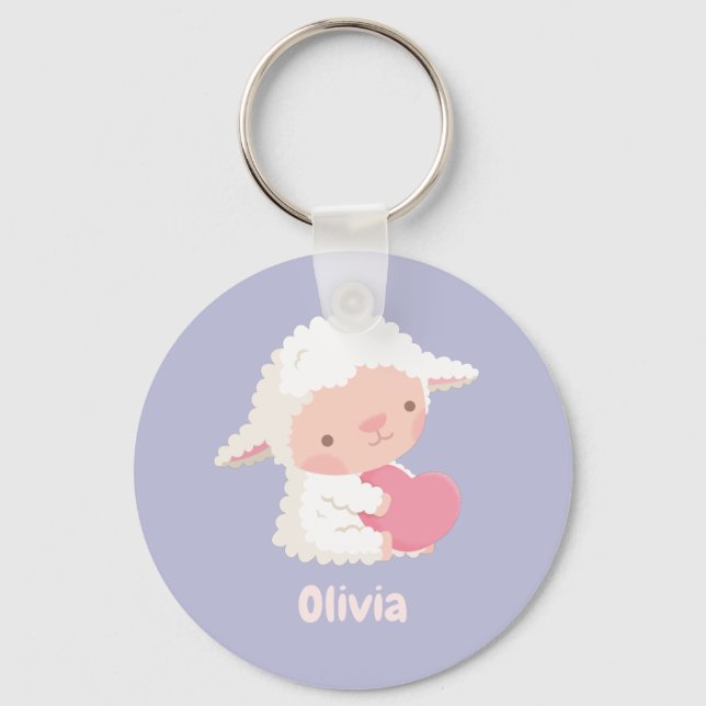 Cute Little Lamb Hugging Heart Kids Personalized Keychain (Front)