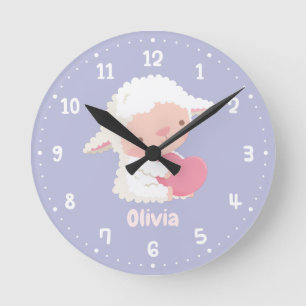 Cute Little Lamb Hugging Heart Kids Room Decor Round Clock