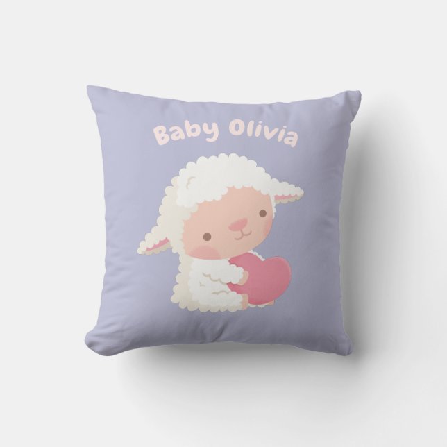 Cute Little Lamb Hugs Heart Baby Nursery Throw Pillow (Front)