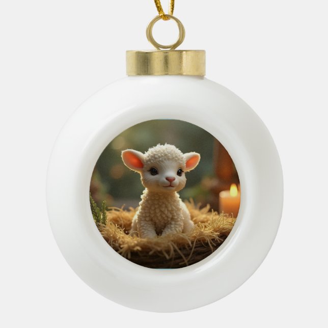 CUTE LITTLE LAMB IN A MANGER CERAMIC BALL CHRISTMAS ORNAMENT (Front)
