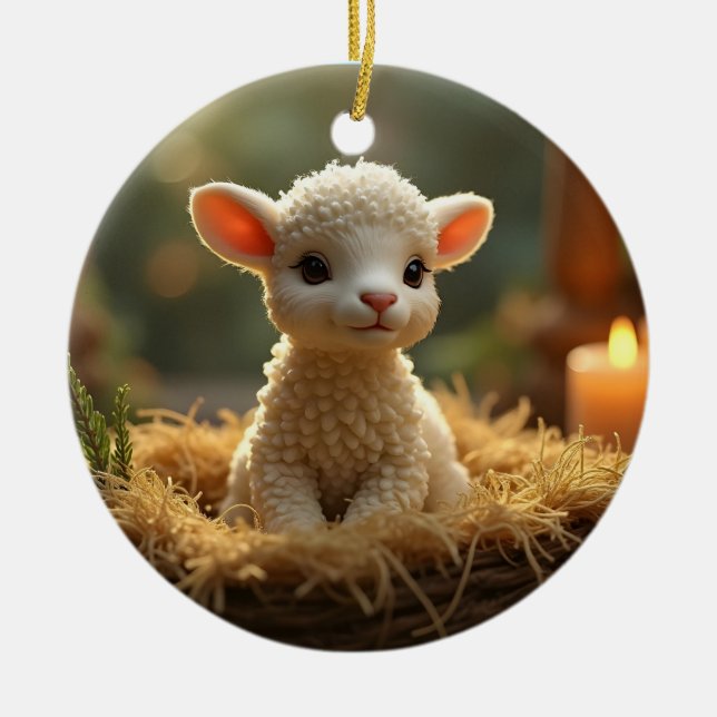 CUTE LITTLE LAMB IN A MANGER CERAMIC ORNAMENT (Front)