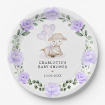 Cute Little Lamb Purple Floral Greenery Baby Girl Paper Plates
