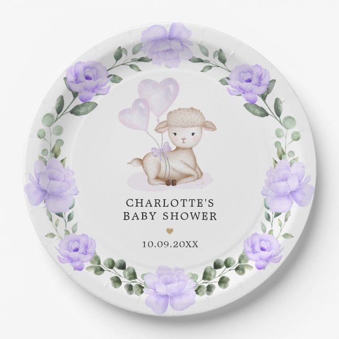 Cute Little Lamb Purple Floral Greenery Baby Girl Paper Plates