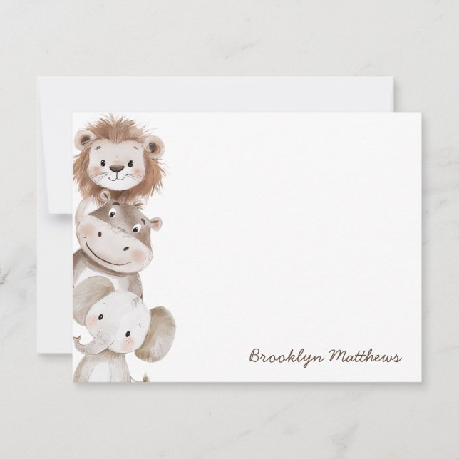 Cute Little Lion, Hippo & Elephant Kids Stationery Note Card (Front)