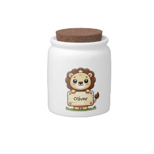 Cute Little Lion with a Name Sign Candy Jar
