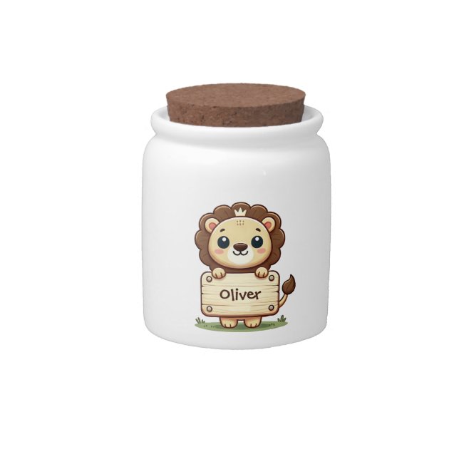 Cute Little Lion with a Name Sign Candy Jar (Front)
