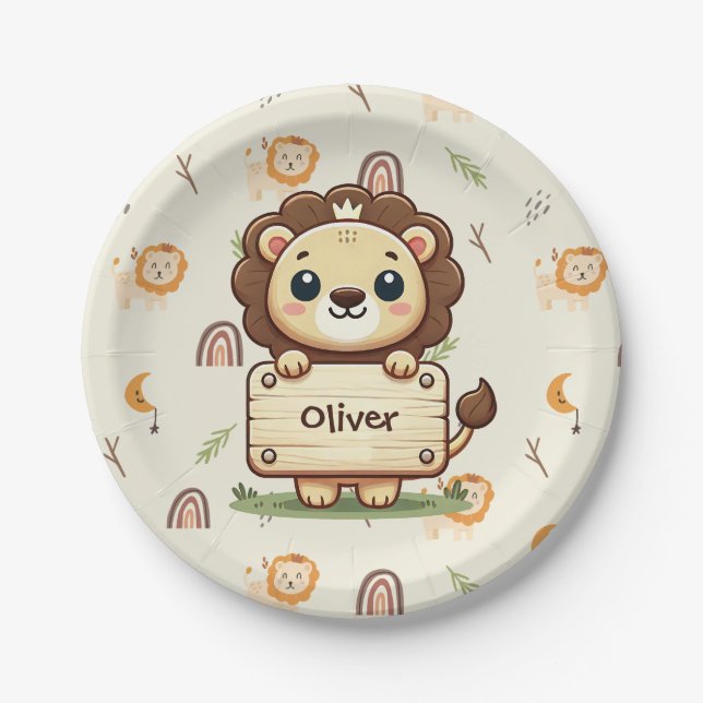 Cute Little Lion with a Name Sign Paper Plates (Front)