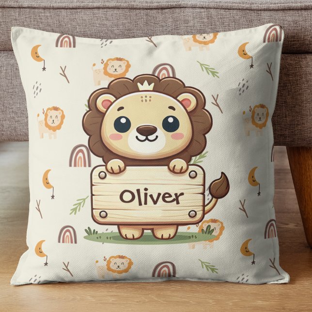 Cute Little Lion with a Name Sign Throw Pillow (Creator Uploaded)