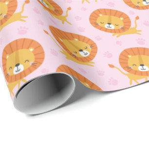 Cute little Lions with footprints on light pink Wrapping Paper