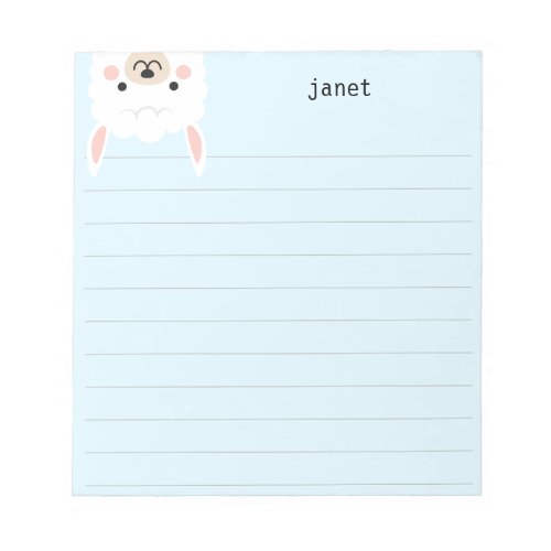 Cute Little Llama Blue Personalized Lined Notepad