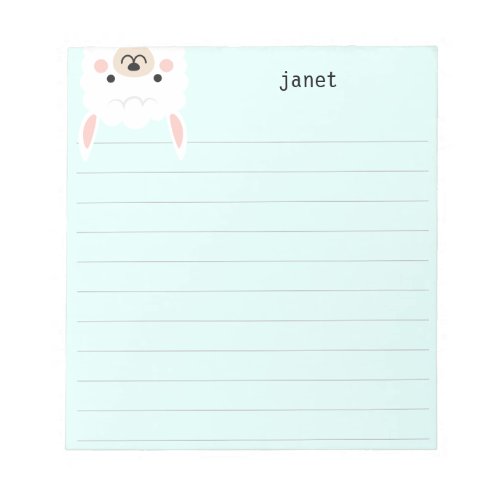 Cute Little Llama Mint Green Personalized Lined Notepad