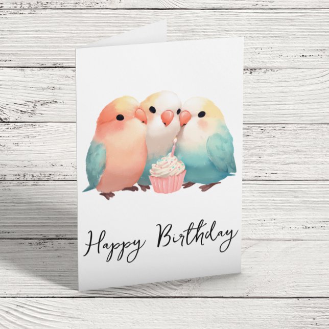 Cute Little Lovebirds Birthday Cupcake Card (Creator Uploaded)