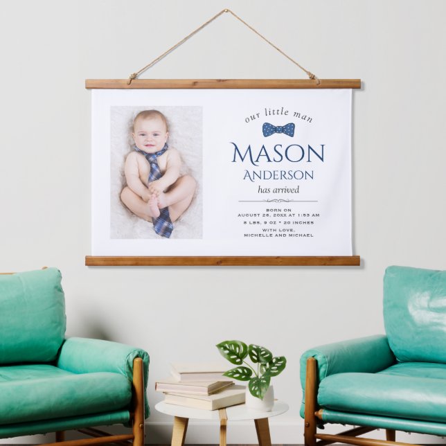 Cute Little Man | Boy Photo Birth Announcement Hanging Tapestry (Living Room)